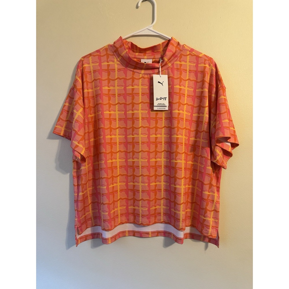 New Puma Dani Dazey Top XL Cloudspun Mock Neck Pink Plaid Womens NWT